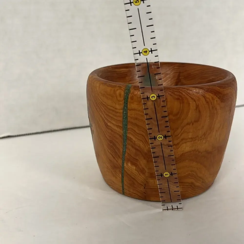 Decorative Wooden Bowl with Green Inlay Hand Crafted Shilling 4x3 Inch